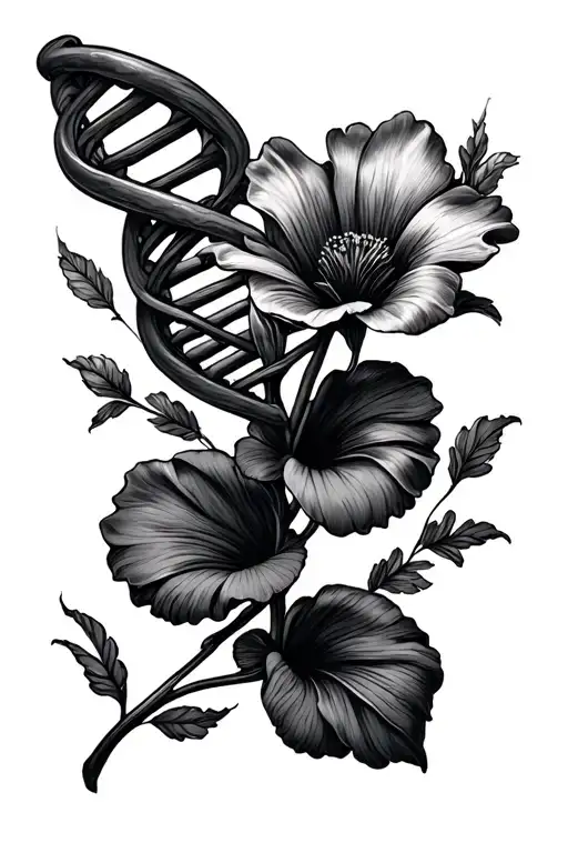 flower, strand of dna, initials v and m b incorporated tattoo design idea