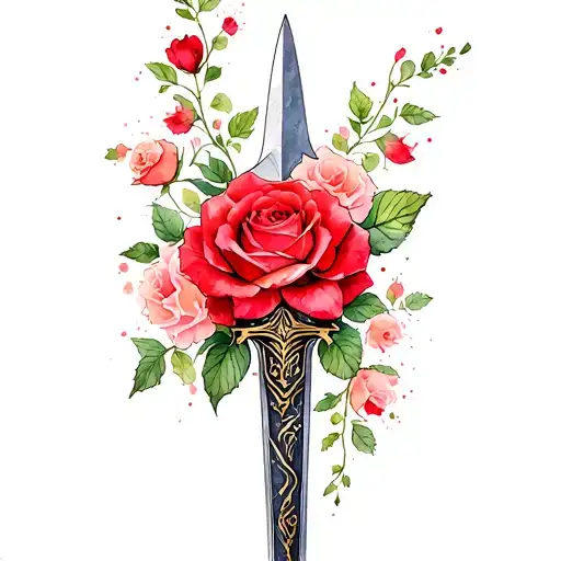 dagger with red and pink roses growing tattoo design idea