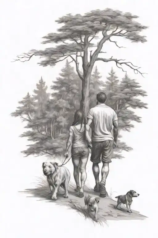 man woman and two children walking through a forest with large dogs tattoo design idea
