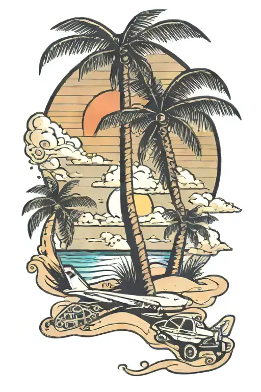 A sunset beach scene with palm tree and small fan shell on sand. Small plane flying over sunset. tattoo design idea