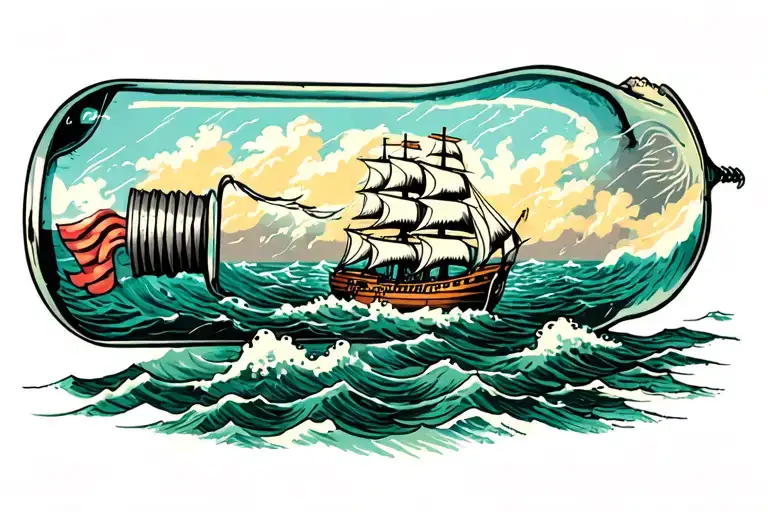 ship in a bottle surrounded by a storm tattoo design idea
