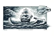 ship in a bottle surrounded by a storm tattoo design idea