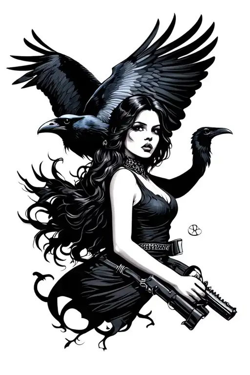 gangster lady with raven flying tattoo design idea