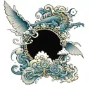 Arm sleeve tattoo of a cloud wrapping around the arm from the colour bone to the wrist with fairies and dragons fantasy  tattoo design idea