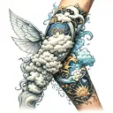 Arm sleeve tattoo of a cloud wrapping around the arm from the colour bone to the wrist with fairies and dragons fantasy  tattoo design idea