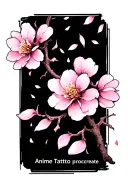 “A single delicate sakura (cherry blossom) flower with falling petals, in soft pink ink. Underneath the flower, the word tattoo design idea