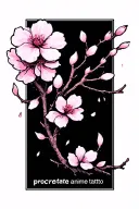 “A single delicate sakura (cherry blossom) flower with falling petals, in soft pink ink. Underneath the flower, the word tattoo design idea