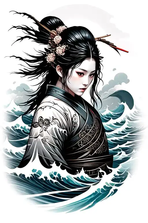 female samurai with ocean waves flowing tattoo design idea