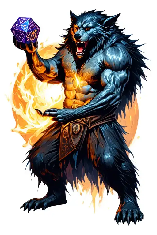 Werewolf holding D20 dice tattoo design idea