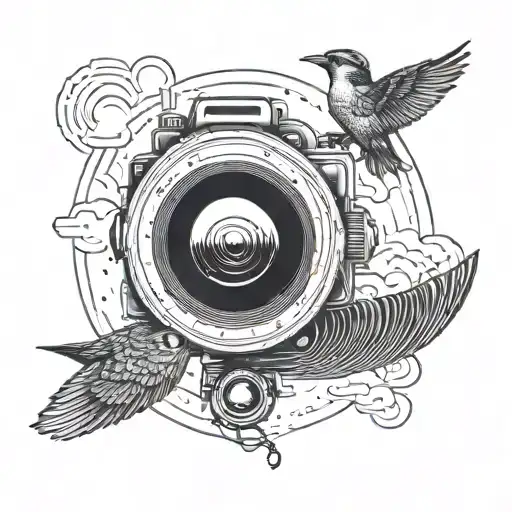 A camera lens morphing into a bird flying through the sky tattoo design idea