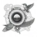 A camera lens morphing into a bird flying through the sky tattoo design idea