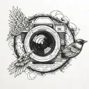 A camera lens morphing into a bird flying through the sky tattoo design idea