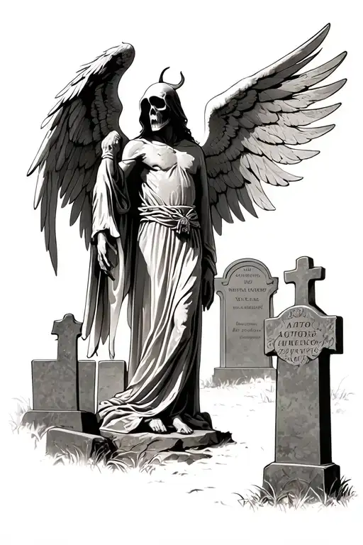 winged heavenly angel and demon standing face to face in front of a cemetery with the grim reaper watching tattoo design idea