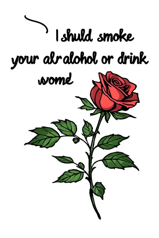 a rose with the phrase "should i smoke your alcohol or drink some weed" written underneath tattoo design idea