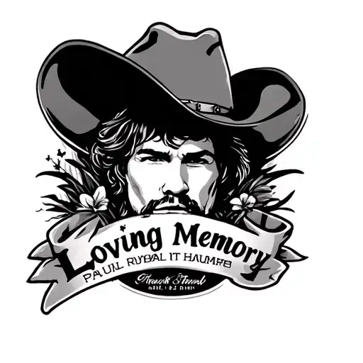  tattoo with the words loving memory of Paul Ruybal March 22, 1968 in a cowboy hat  with Country Stong  tattoo design idea