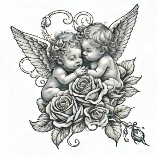 baby Cupids connected by a rose intertwined tattoo design idea