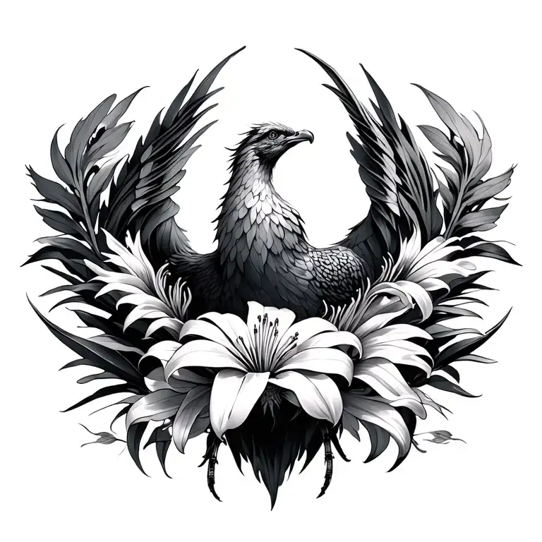 Phoenix with spider lilly flowers tattoo design idea