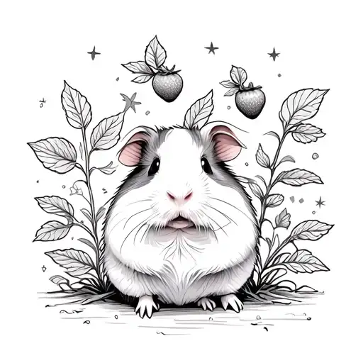 A guinea pig surrounded by strawberry plants with small star details. tattoo design idea