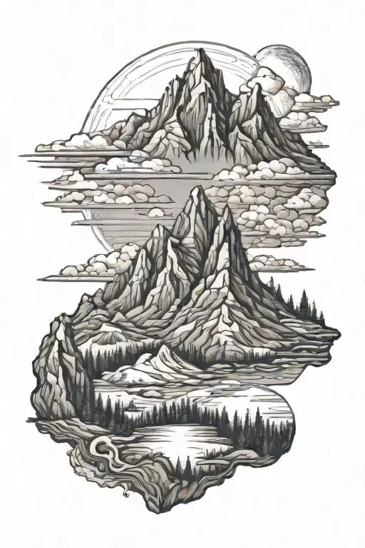 mountains in gustav dore style tattoo design idea