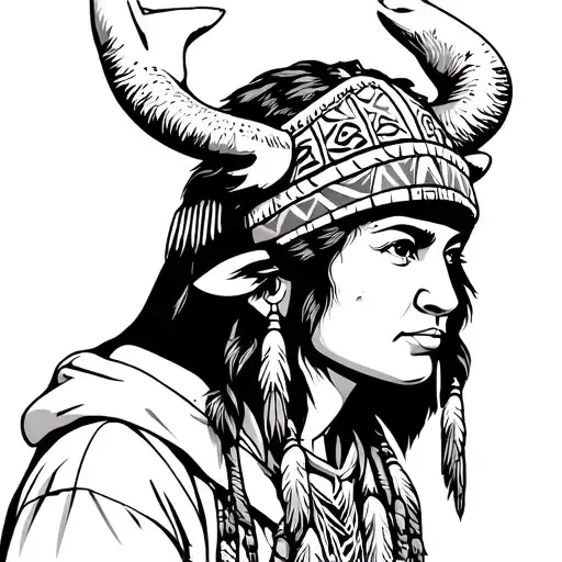 Native American women face with a buffalo head on her head like a hoodie tattoo design idea