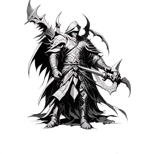 make a tattoo with the animes solo leveling and goblin slayer, and the character statue of god and goblin slayer, with s tattoo design idea