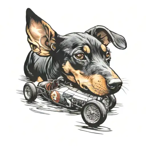Doberman puppy driving a ferrari F1 car tattoo design idea