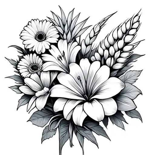 Bouquet of flowers with lily, rose Alstronomia wheat ear, calla and gerbera tattoo design idea