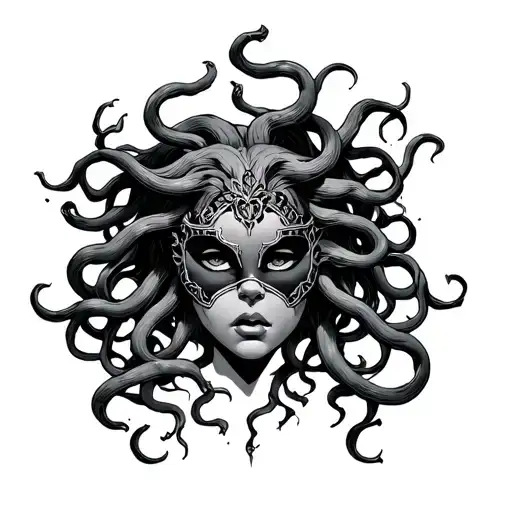 Medusa with a mask on, comic style tattoo design idea