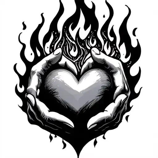 hands on fire holding a heart tattoo design idea