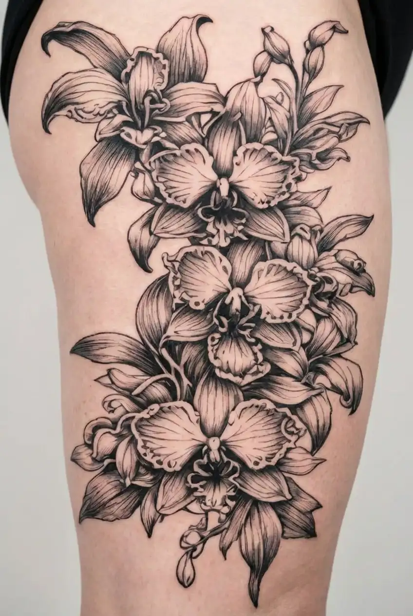 Half-sleeve tattoo with orchid, violet, primrose, honeysuckle, daffodil, and jonquil flowers, running from the shoulder  tattoo design idea