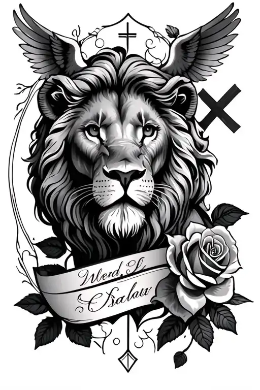 rose and lion and dove and cross and name writing tattoo design idea
