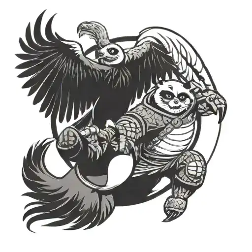 tattoo consisting a eagle and kung-fu panda both doing martial arts and a yin-yang circle , use kung-fu panda movie  tattoo design idea