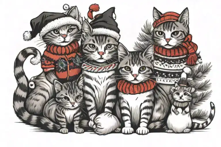 A tattoo design of a family of cats wearing holiday sweaters and hats, sitting under a giant candy cane tree tattoo design idea