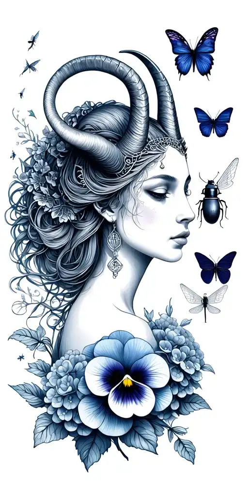 Capricorn woman with horns, Libra scales, pansy flower, butterfly, dragon flies, large beetle, tiny hydrangea petals tattoo design idea