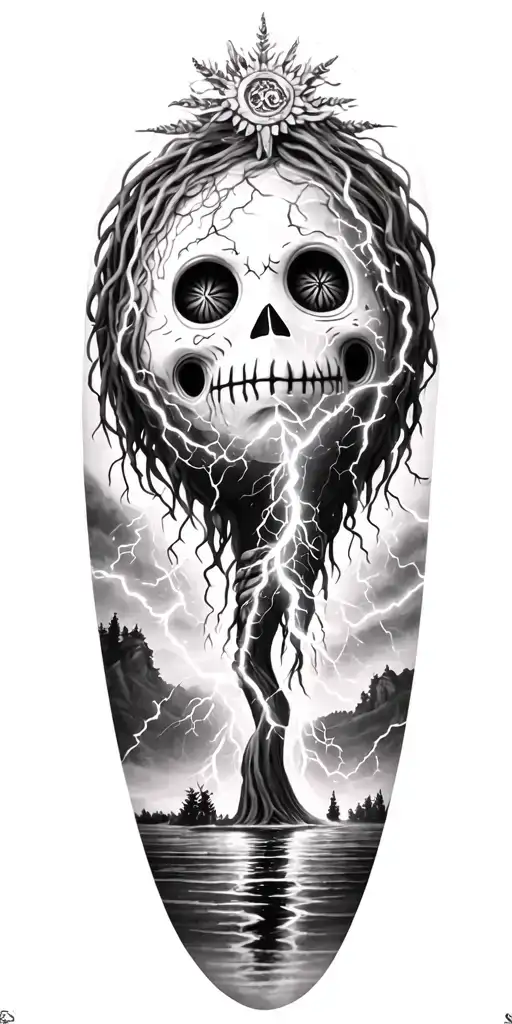 stuffed voodoo doll and lightining storm and vegvisir and nature tattoo design idea