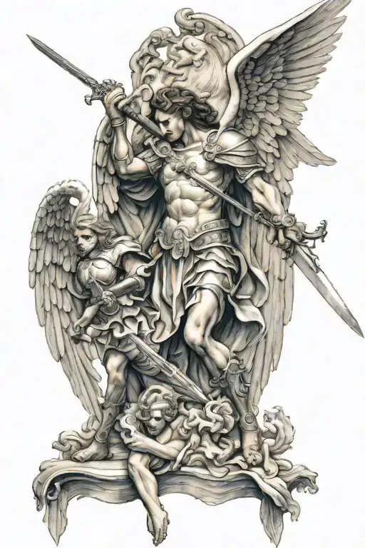 Saint Michael the Angel with a sword killing a demon tattoo design idea