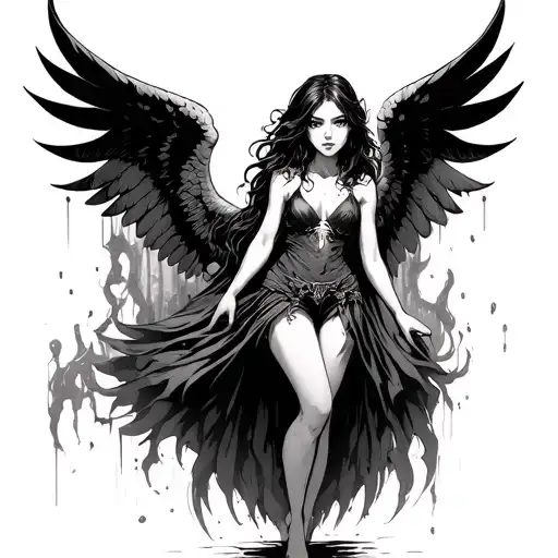 The fallen angel is a girl depicted by the floor sideways, at full growth in a standing position and a demonic background behind her tattoo design idea