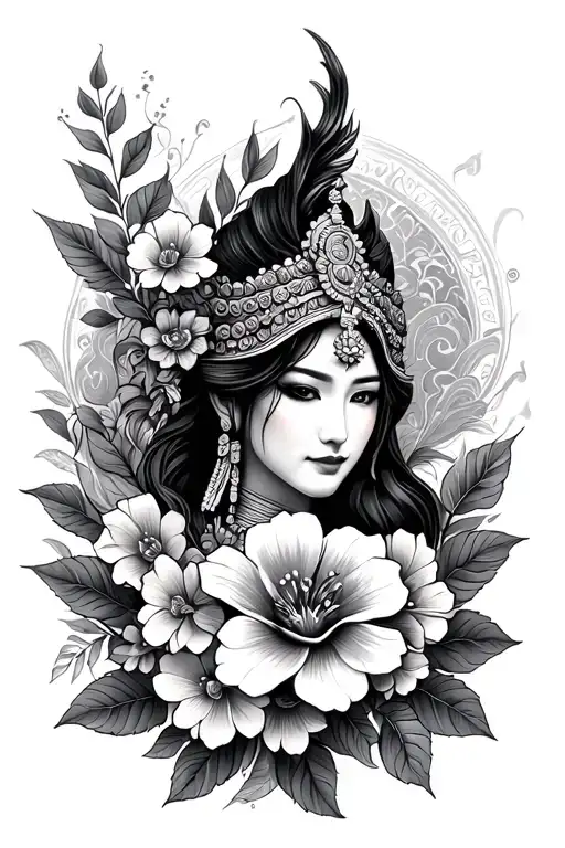 lao themed with flowers tattoo design idea