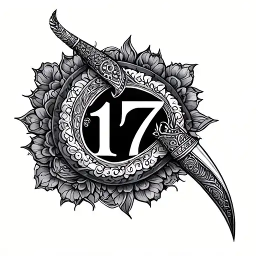 a soulful artistry to do with Karma the number 17 and a kirpan,  tattoo design idea