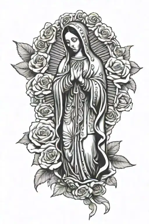 virgin de Guadalupe praying with roses tattoo design idea