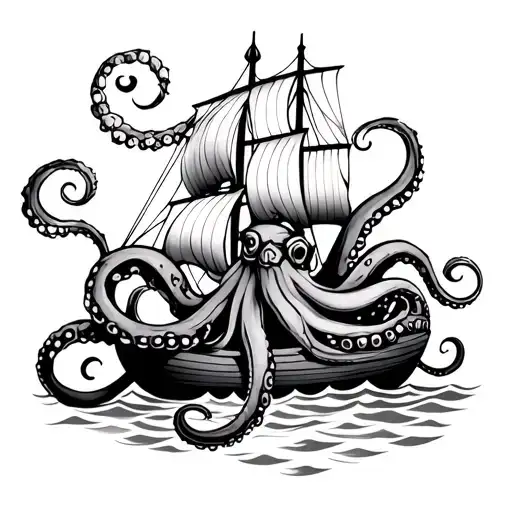 octopus with Viking longship sailing tattoo design idea