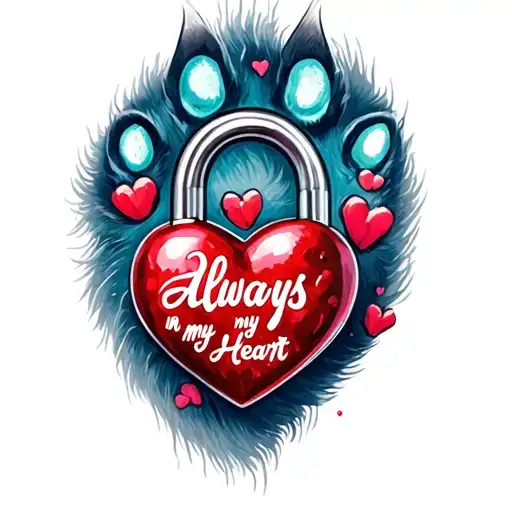 cat pawprint with saying always in my heart shaped lock tattoo design idea