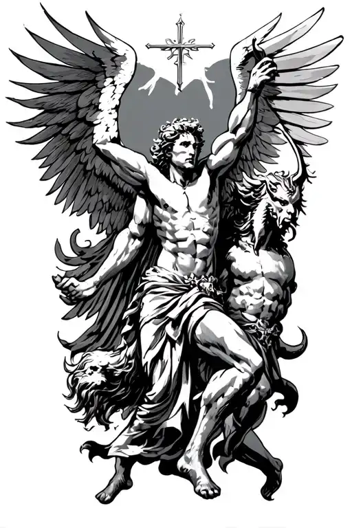 archangel st. michael fighting lucifer in an epic battle but tattoo design idea