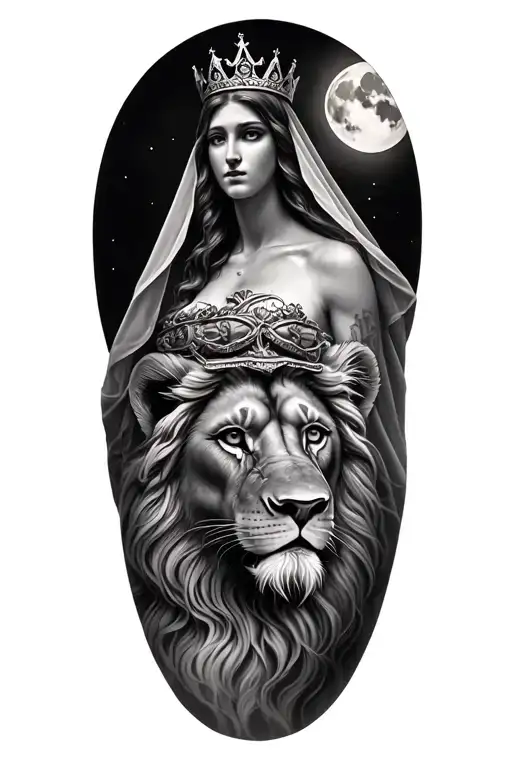 black & grey realism greek goddess wearing crown with veil, with a lion and the moon tattoo design idea