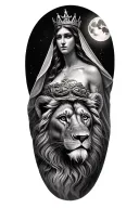 black & grey realism greek goddess wearing crown with veil, with a lion and the moon tattoo design idea