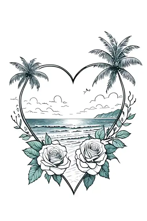 roses with a broken heart shape palm trees with the ocean on the beach tattoo design idea