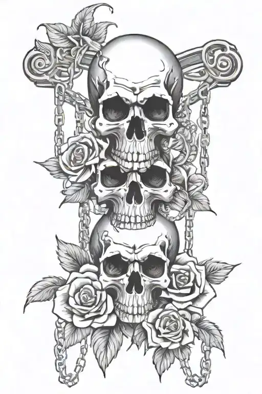 broken skull with monkey swinging with roses and chains tattoo design idea