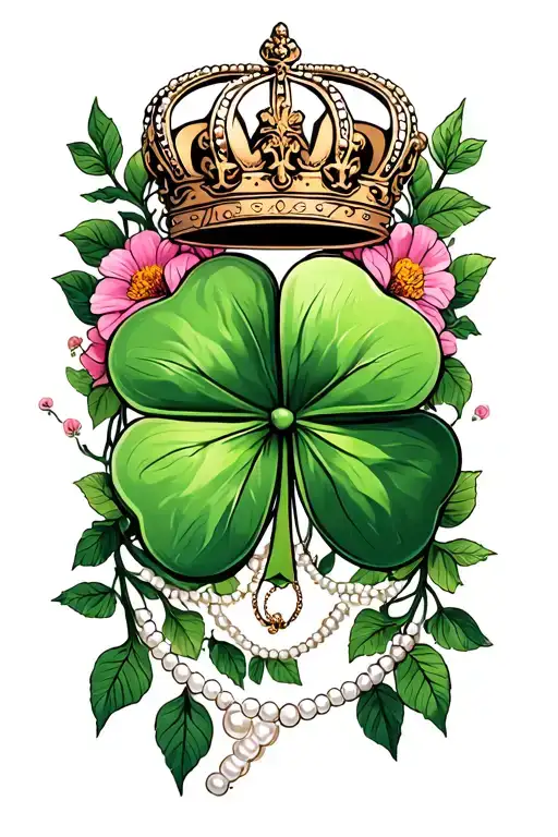 four leaf clover intertwined with vines, flowers, pearl necklace, queen crown tattoo design idea