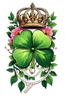 four leaf clover intertwined with vines, flowers, pearl necklace, queen crown tattoo design idea