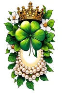 four leaf clover intertwined with vines, flowers, pearl necklace, queen crown tattoo design idea